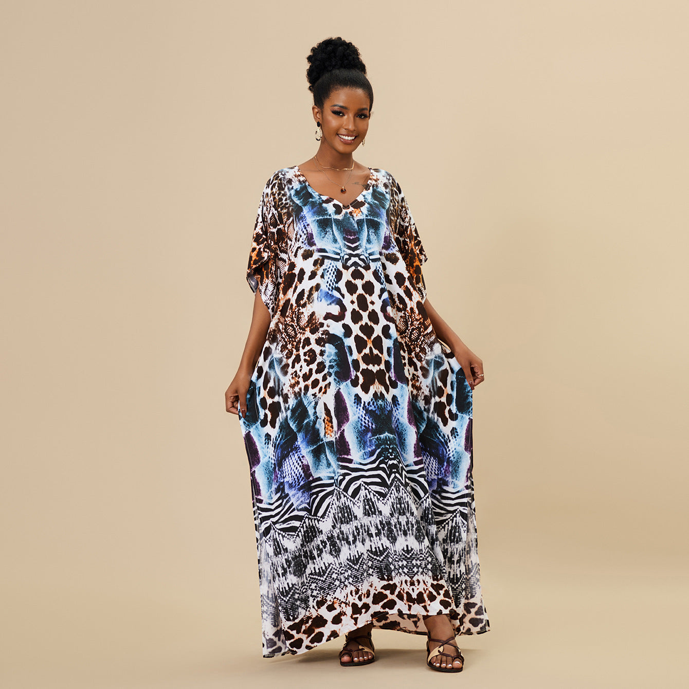 Loose Long Beach Cover Up Rayon Positioning Print Holiday Robe Dress Women Bella Mia